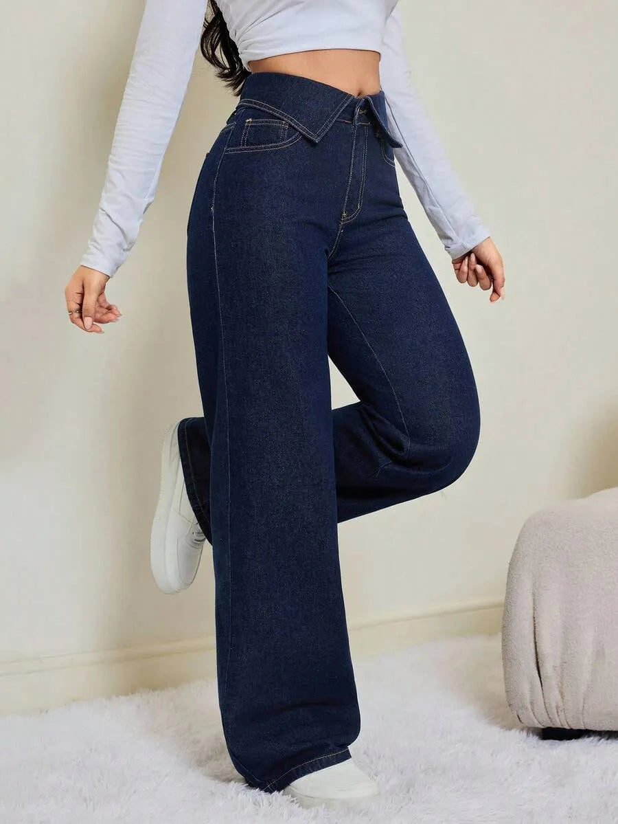 SHEIN Tall بنطلون جينز واسع الساق بخصر عالٍ بلون أزرق داكن