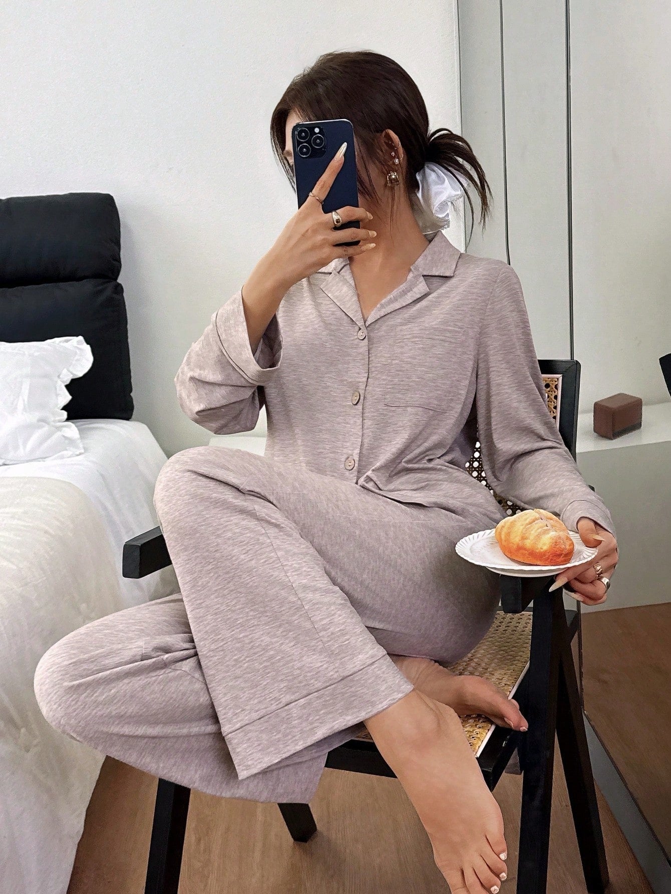 SHEIN Snug Zone طقم بيجامة نسائي قطعتين بأكمام طويلة وياقة محبوكة مريحة