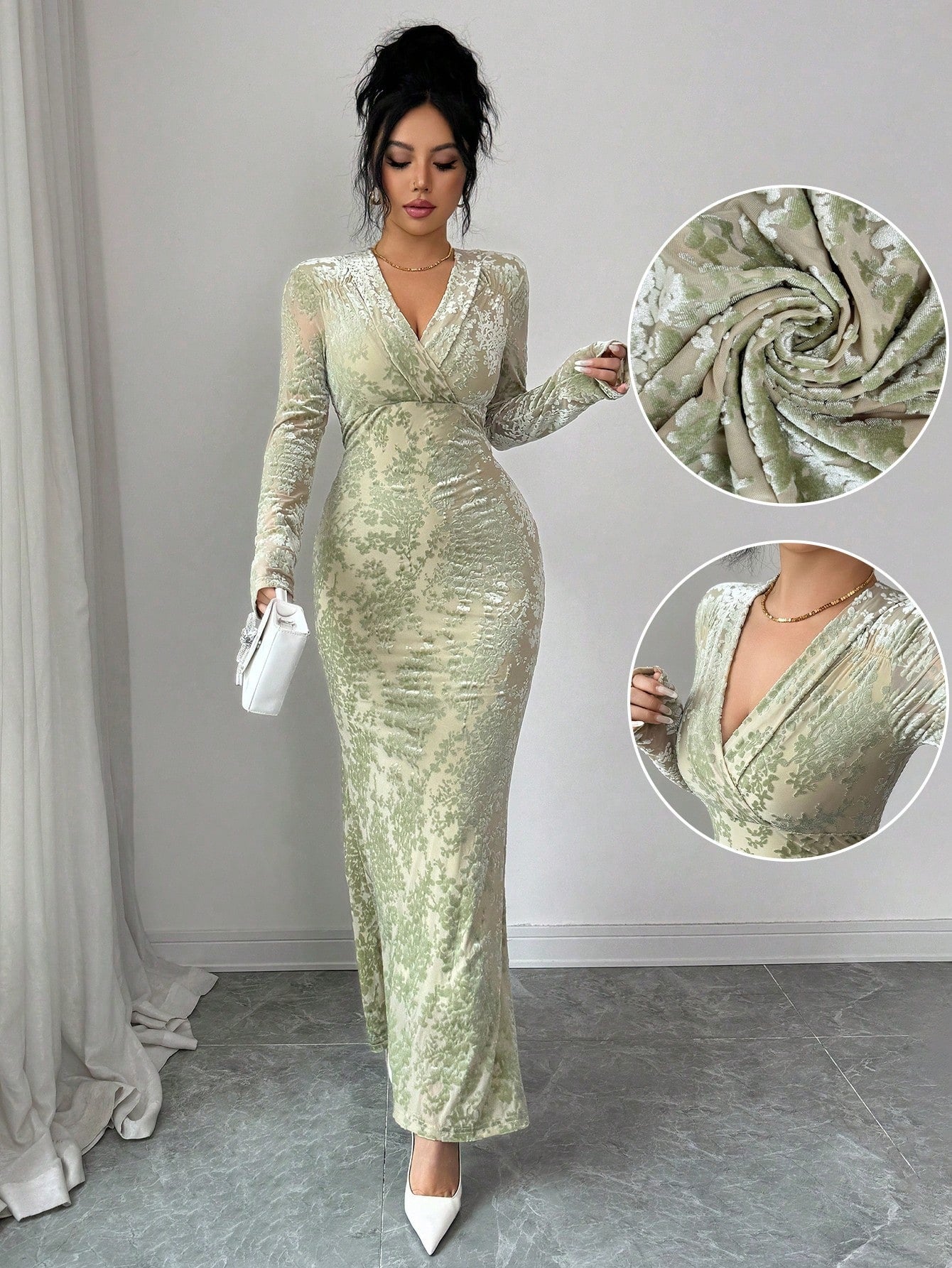 SHEIN Rafferiza فستان متوسط الطول شتوي بأكمام طويلة وياقة منسدلة من القطيفة