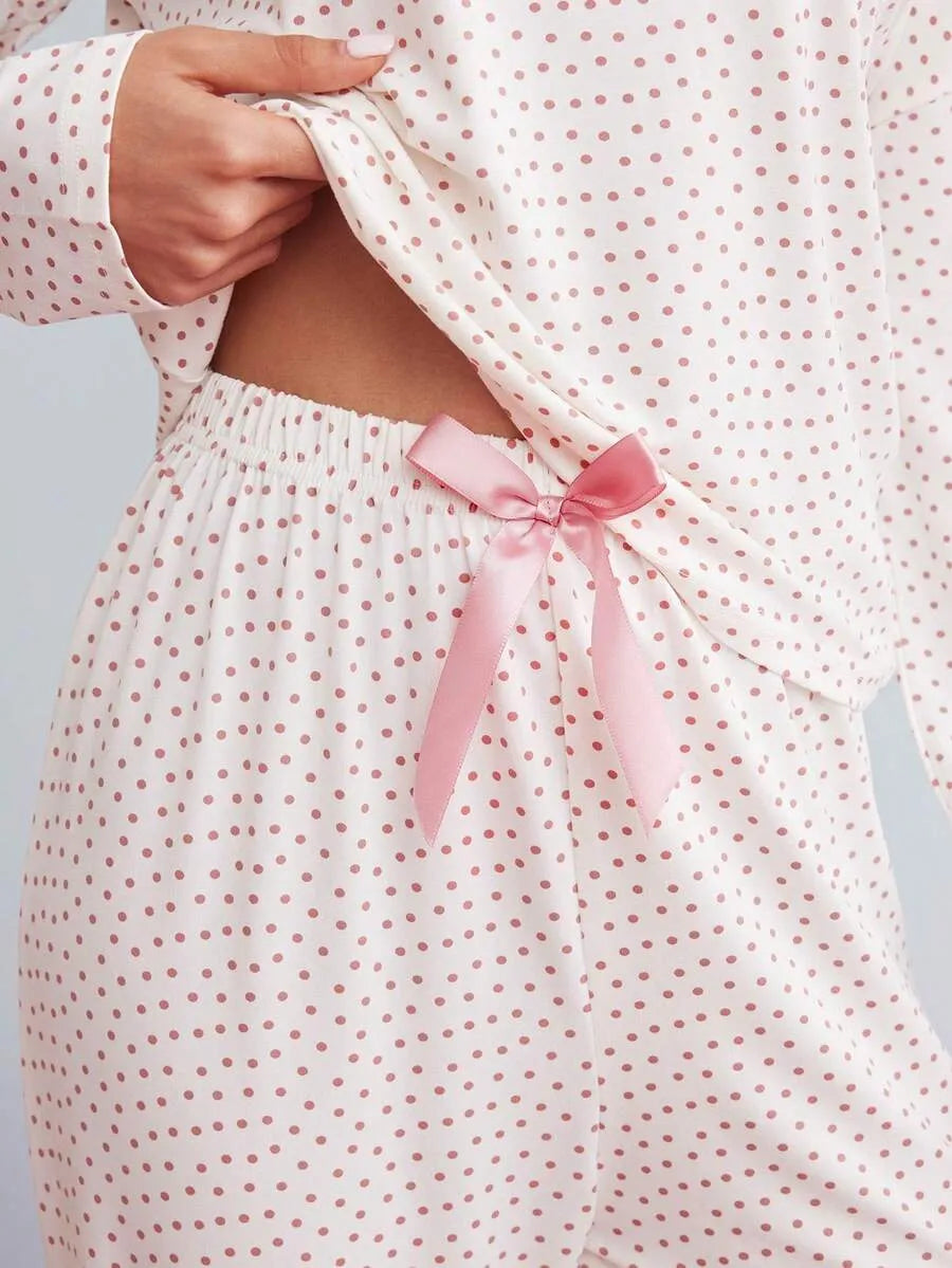SHEIN Elorette طقم بيجاما قطعتين بكشكشة أمامية بأكمام طويلة بلون أبيض