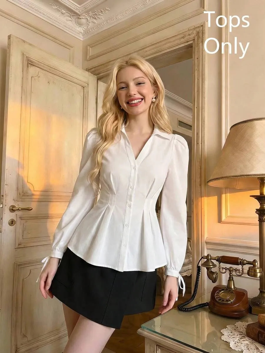 SHEIN MOD بلوزة نسائية بياقة وأكمام طويلة ورباط خصر بلون أبيض