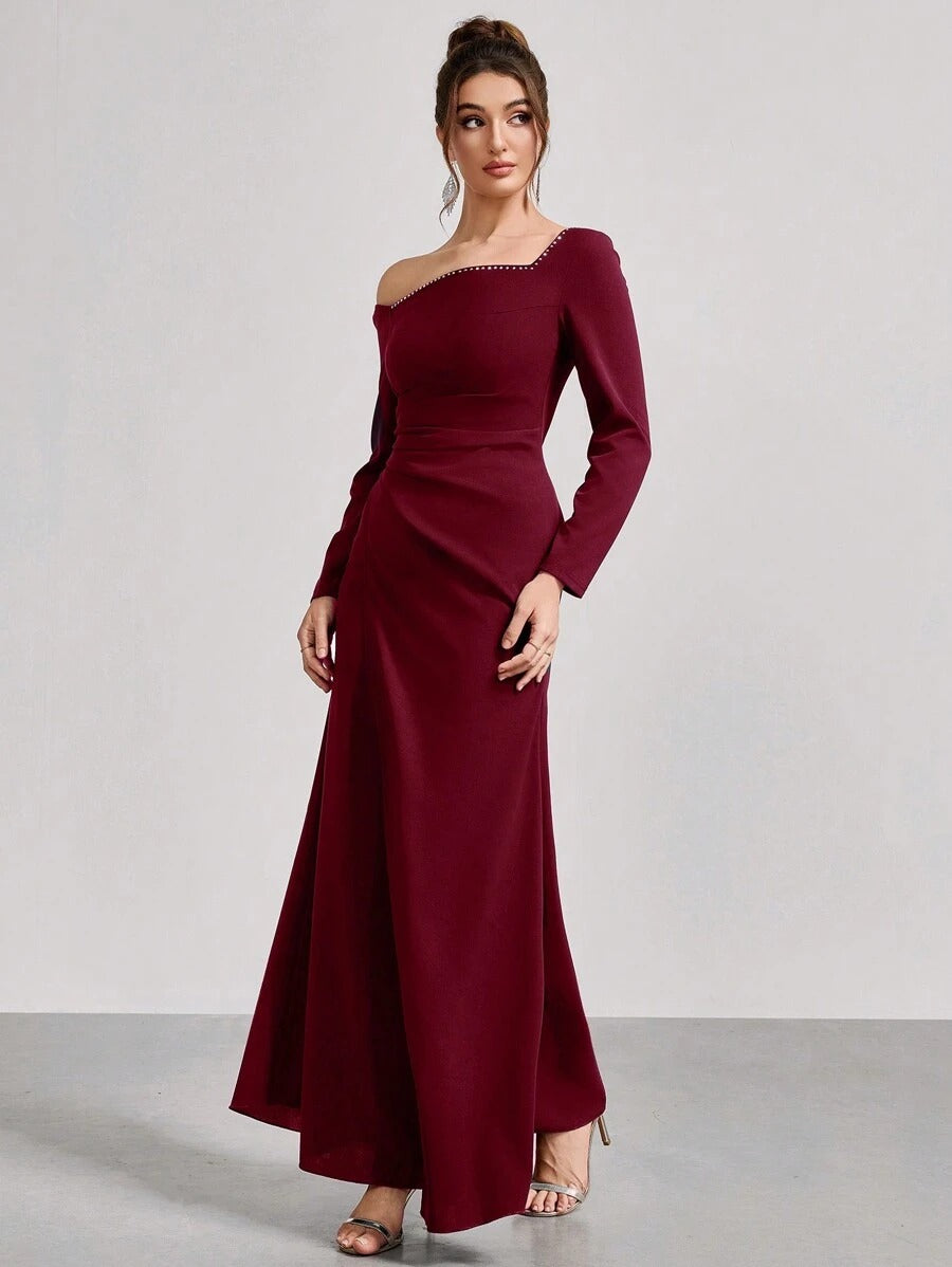 SHEIN Coutiva فستان سهرة عنابي طويل
