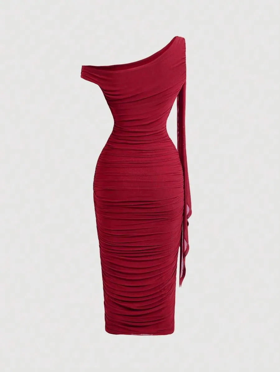 SHEIN MOD فستان نسائي ميدي بياقة غير متماثلة وتفاصيل كشكش بلون عنابي