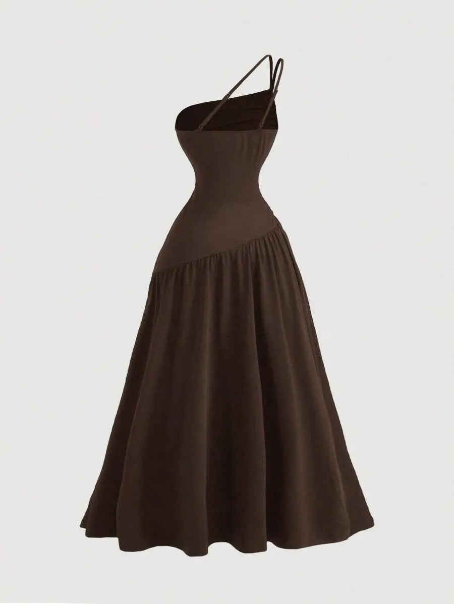 SHEIN MOD فستان نسائي طويل بكتف واحد وتفاصيل مجعدة وشق جانبي بلون بني