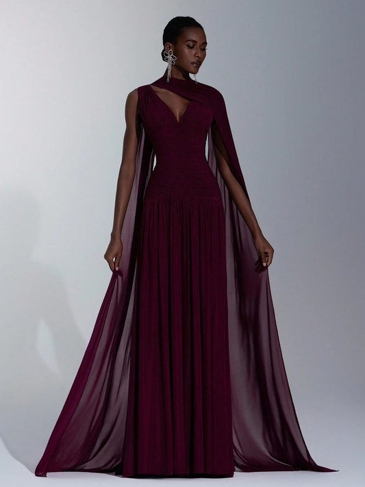 SHEIN Elitara  V وتنورة Aفستان أحمر داكن شبكي بياقة مع كشكشة قابلة للإزالة