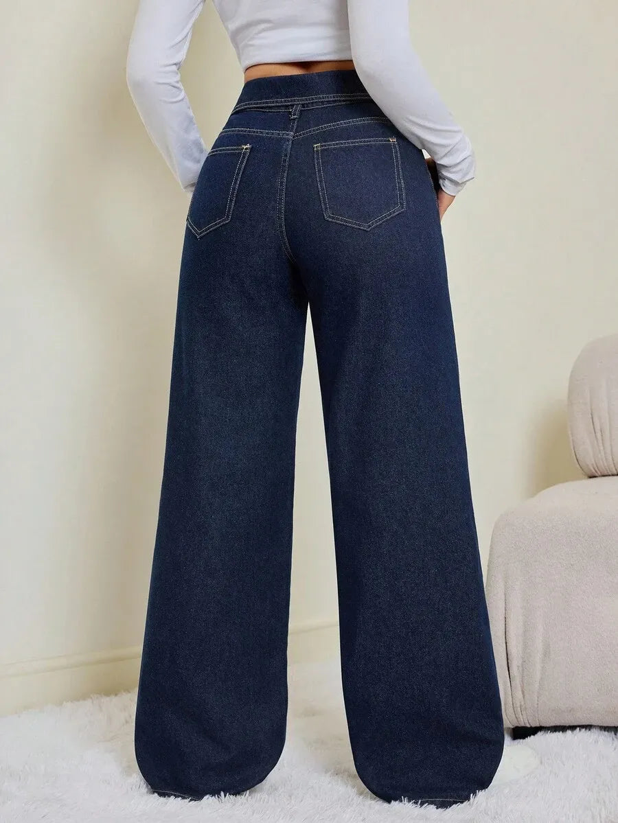 SHEIN Tall بنطلون جينز واسع الساق بخصر عالٍ بلون أزرق داكن