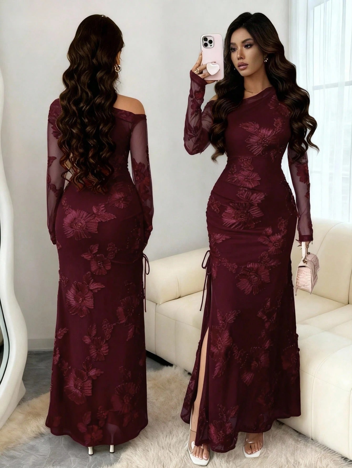 SHEIN Rafferiza فستان نسائي بشق غير متماثل من قماش الجاكار