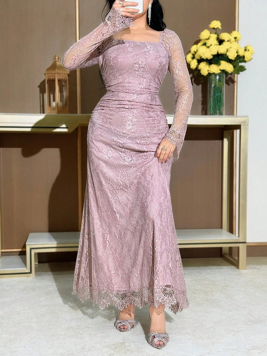 SHEIN Feyla فستان حفلات أنيق من قماش الدانتيل باللون الوردي