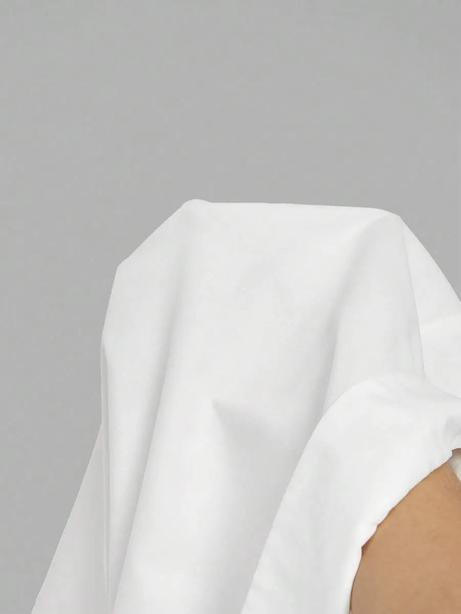 SHEIN MOD بلوزة نسائية بياقة وأكمام طويلة ورباط خصر بلون أبيض