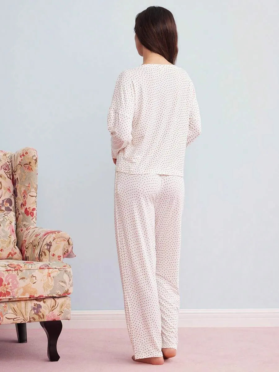 SHEIN Elorette طقم بيجاما قطعتين بكشكشة أمامية بأكمام طويلة بلون أبيض