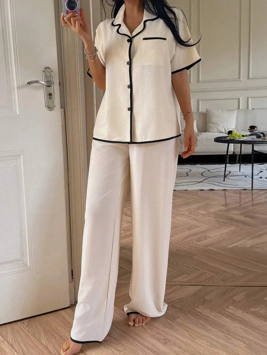 SHEIN Dream Adore بيجامة 2 قطعة بلون بيج فضفاضة بأكمام قصيرة وبنطلون طويل