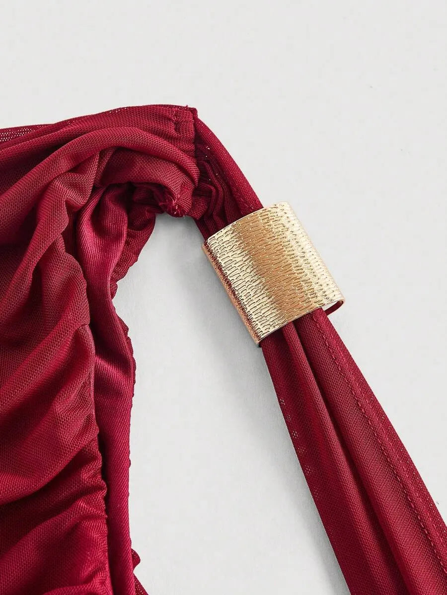 SHEIN MOD فستان نسائي ميدي بياقة غير متماثلة وتفاصيل كشكش بلون عنابي