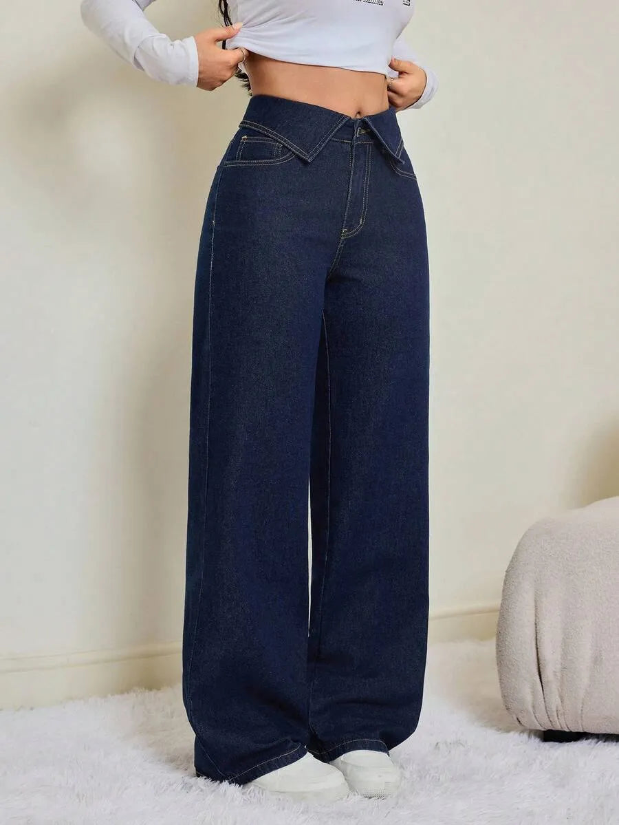 SHEIN Tall بنطلون جينز واسع الساق بخصر عالٍ بلون أزرق داكن