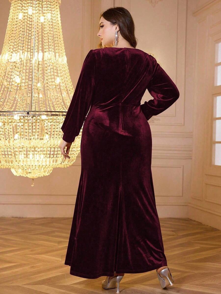 SHEIN Modelyn فستان سهرة أنيق طويل حريري بلون عنابي