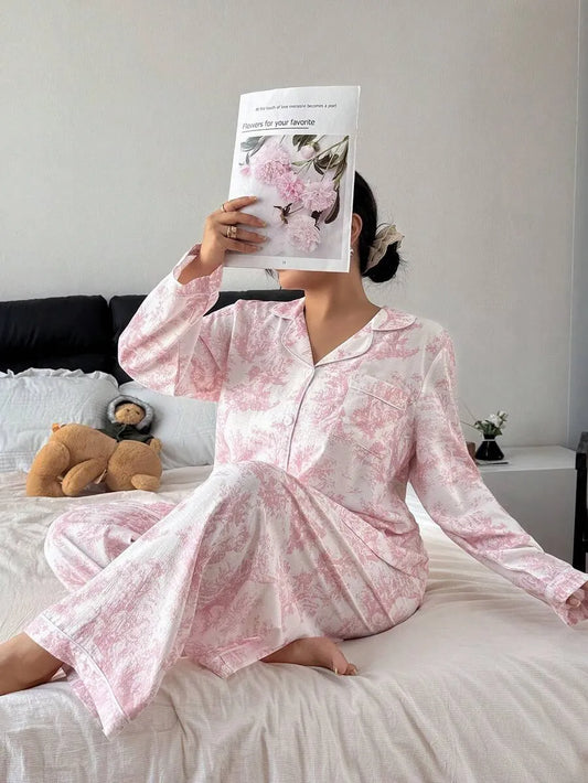 SHEIN طقم بيجامة نسائي بلون وردي بنقوش زهور وأكمام طويلة