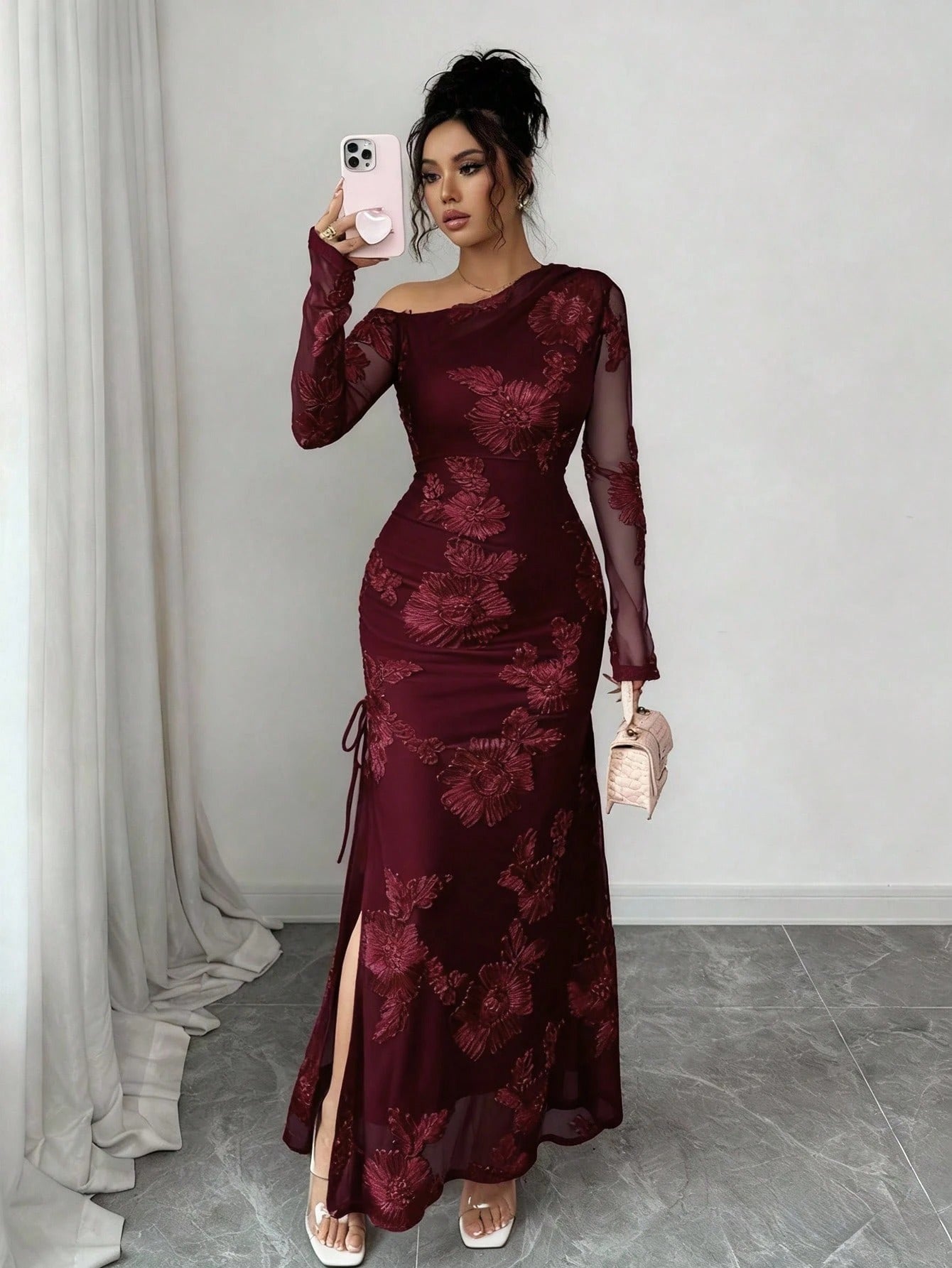 SHEIN Rafferiza فستان نسائي بشق غير متماثل من قماش الجاكار