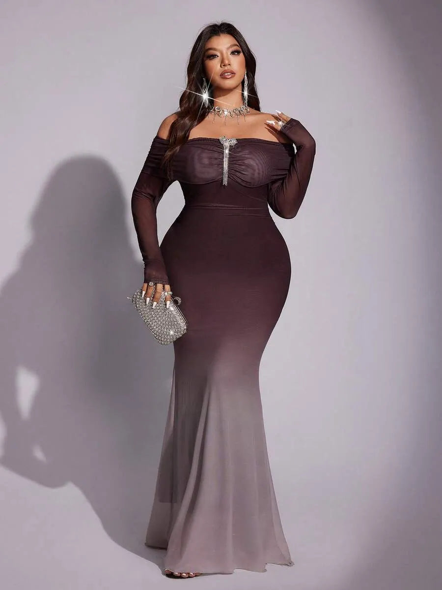SHEIN Viva Relle فستان نسائي بكتف مكشوف وقصة حورية البحر بلون بني