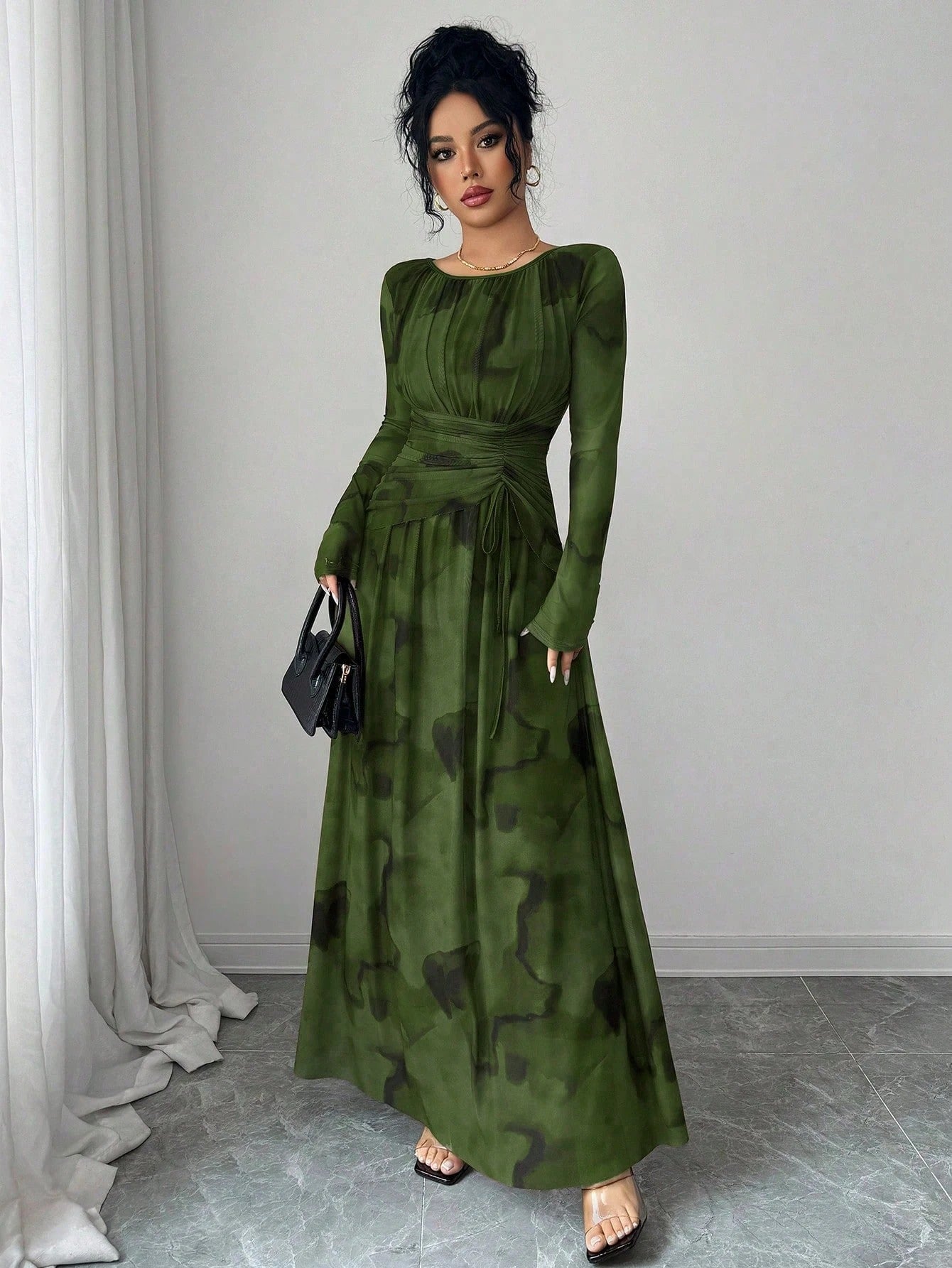 SHEIN Rafferiza فستان نسائي طويل الأكمام بطباعة صبغة