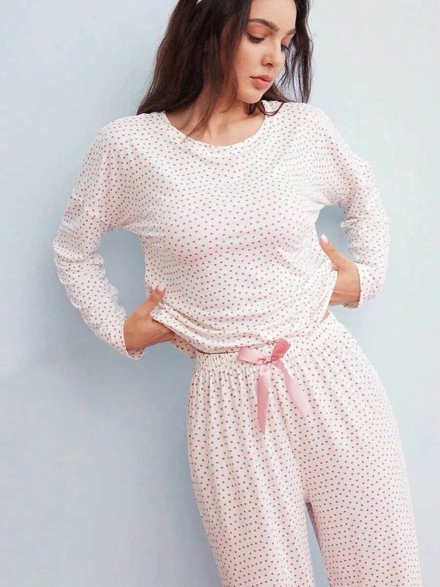 SHEIN Elorette طقم بيجاما قطعتين بكشكشة أمامية بأكمام طويلة بلون أبيض