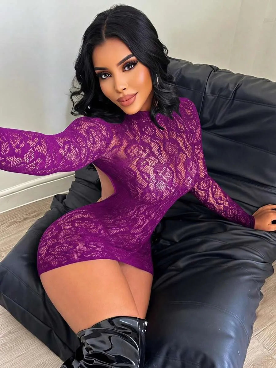 SHEIN ChaseTheNight ملابس داخلية نسائية شبكية شفافة بأكمام طويلة ورباط ظهر بلون أرجواني