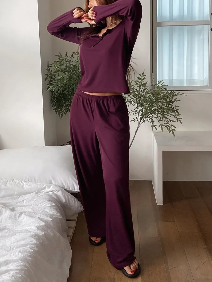 SHEIN DAZY طقم قطعتين بأكمام طويلة وبنطلون بلون عنابي