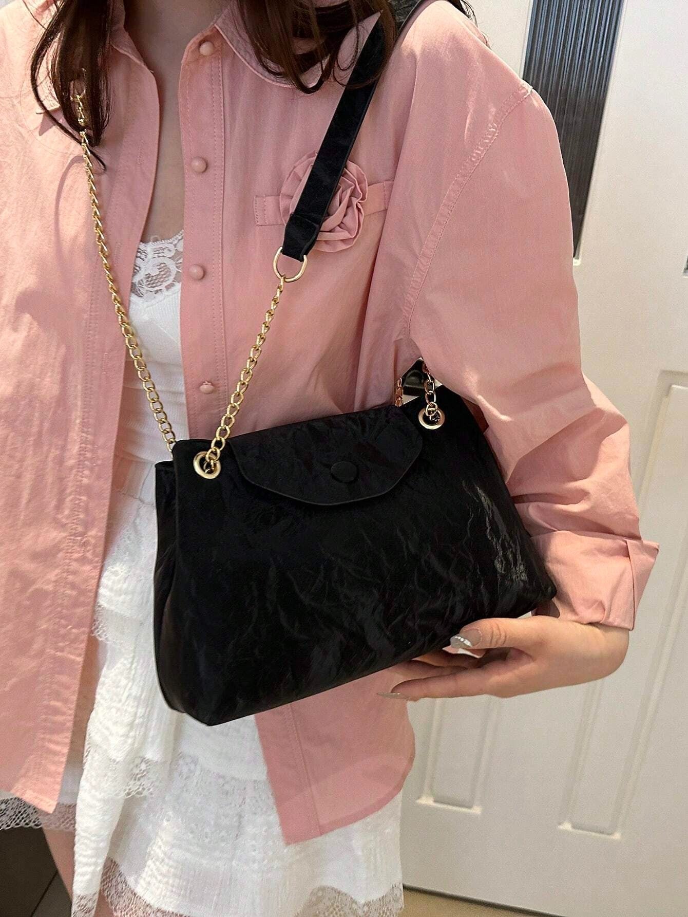 SHEIN حقيبة كتف سوداء كاجوال عصرية بسلسلة