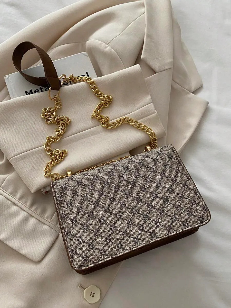 SHEIN حقيبة كروس بودي رمادية عصرية بخياطة بحزام سلسلة معدنية للتنقل والتسوق