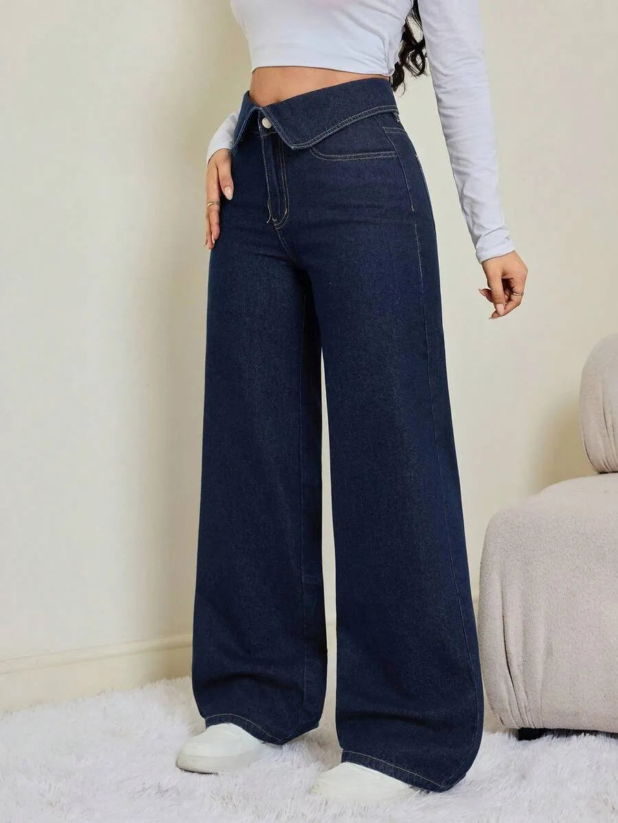 SHEIN Tall بنطلون جينز واسع الساق بخصر عالٍ بلون أزرق داكن