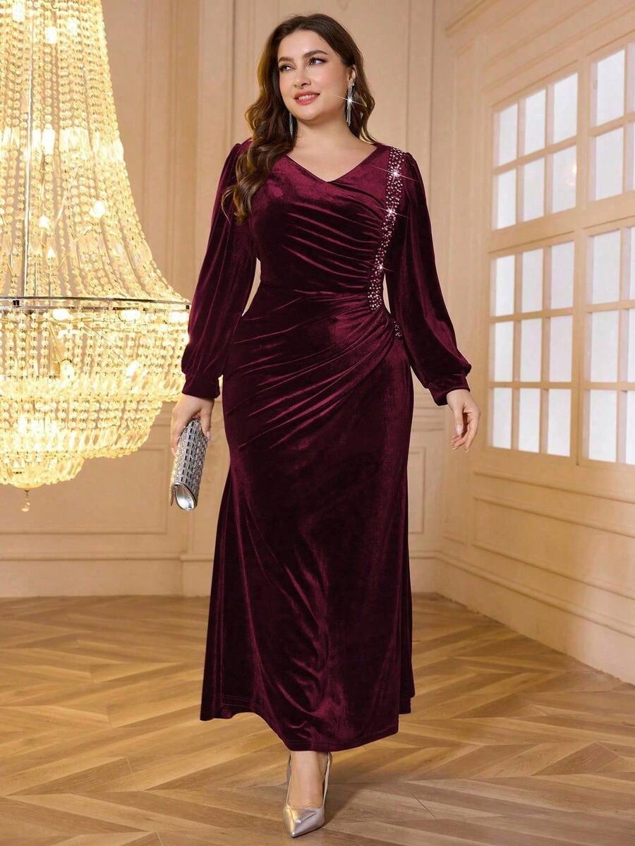 SHEIN Modelyn فستان سهرة أنيق طويل حريري بلون عنابي