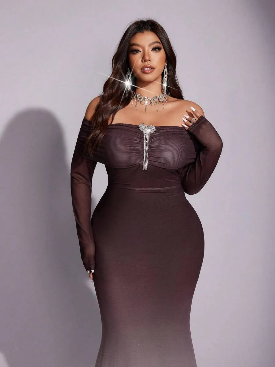 SHEIN Viva Relle فستان نسائي بكتف مكشوف وقصة حورية البحر بلون بني