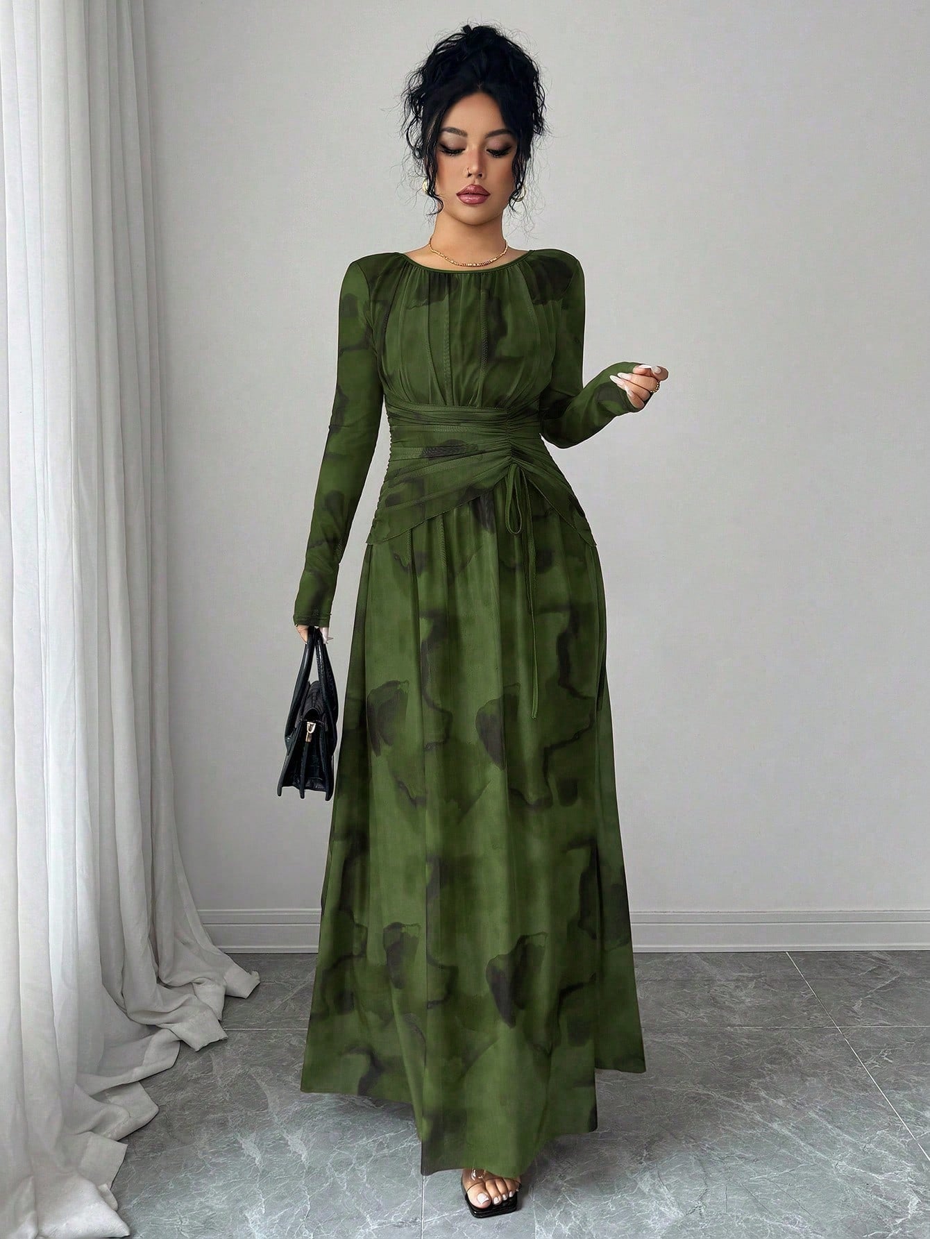 SHEIN Rafferiza فستان نسائي طويل الأكمام بطباعة صبغة