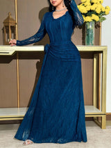 SHEIN Modelyn فستان أزرق طويل بأكمام طويلة وزخرفة زهرية