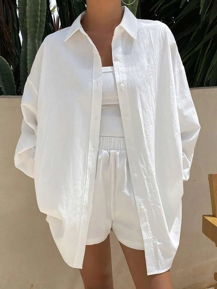 SHEIN DAZY قميص نسائي فضفاض طويل مخطط بأزرار وجيب وأكتاف منخفضة بلون أبيض