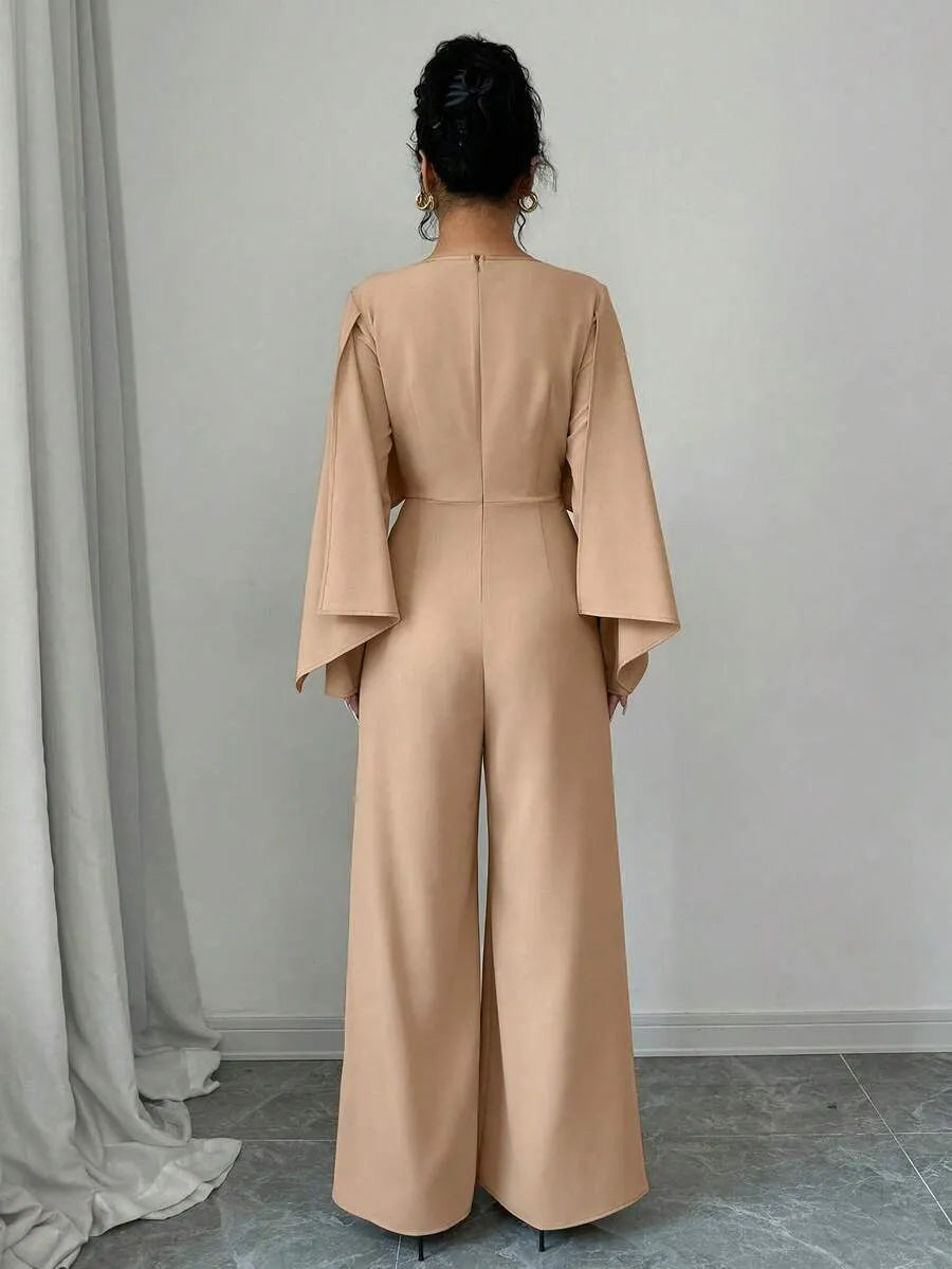 SHEIN Elenzga جمبسوت نسائي بياقة قارب وأكمام واسعة وخصر مجعد بلون مشمشي