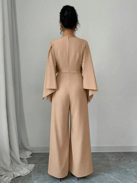 SHEIN Elenzga جمبسوت نسائي بياقة قارب وأكمام واسعة وخصر مجعد بلون مشمشي