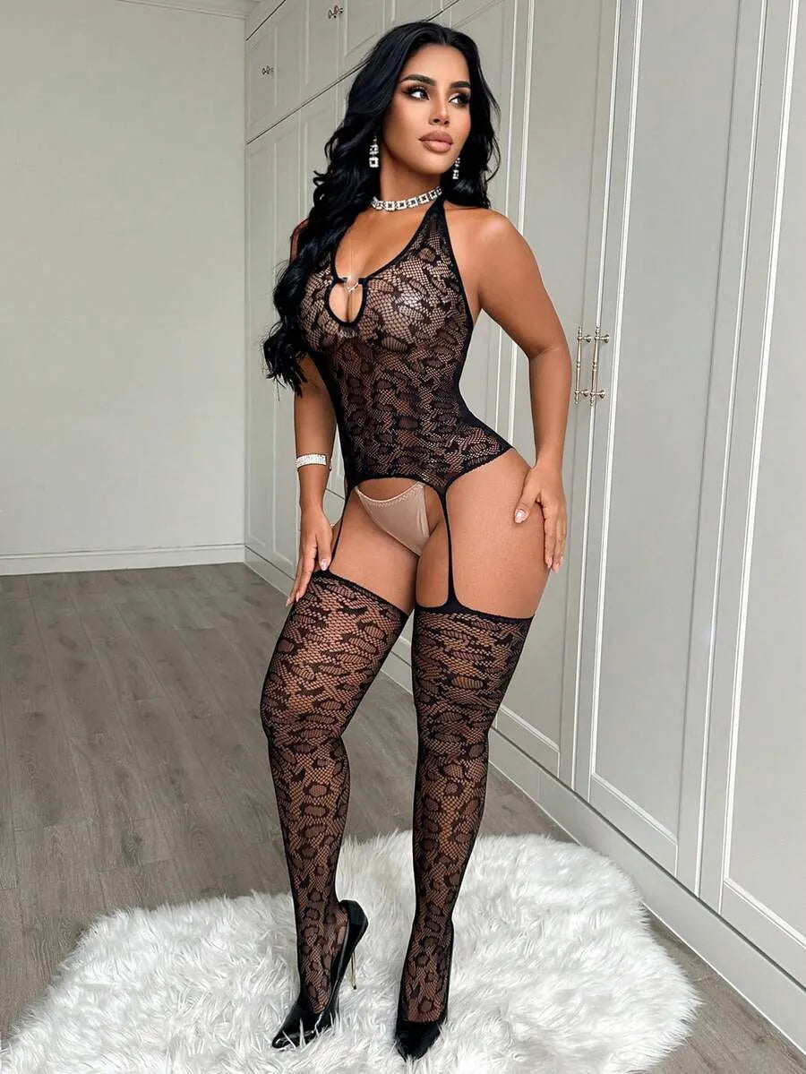 SHEIN ChaseTheNight جمبسوت شبكي شفاف بطبعة نمر وياقة هالتر بلون أسود