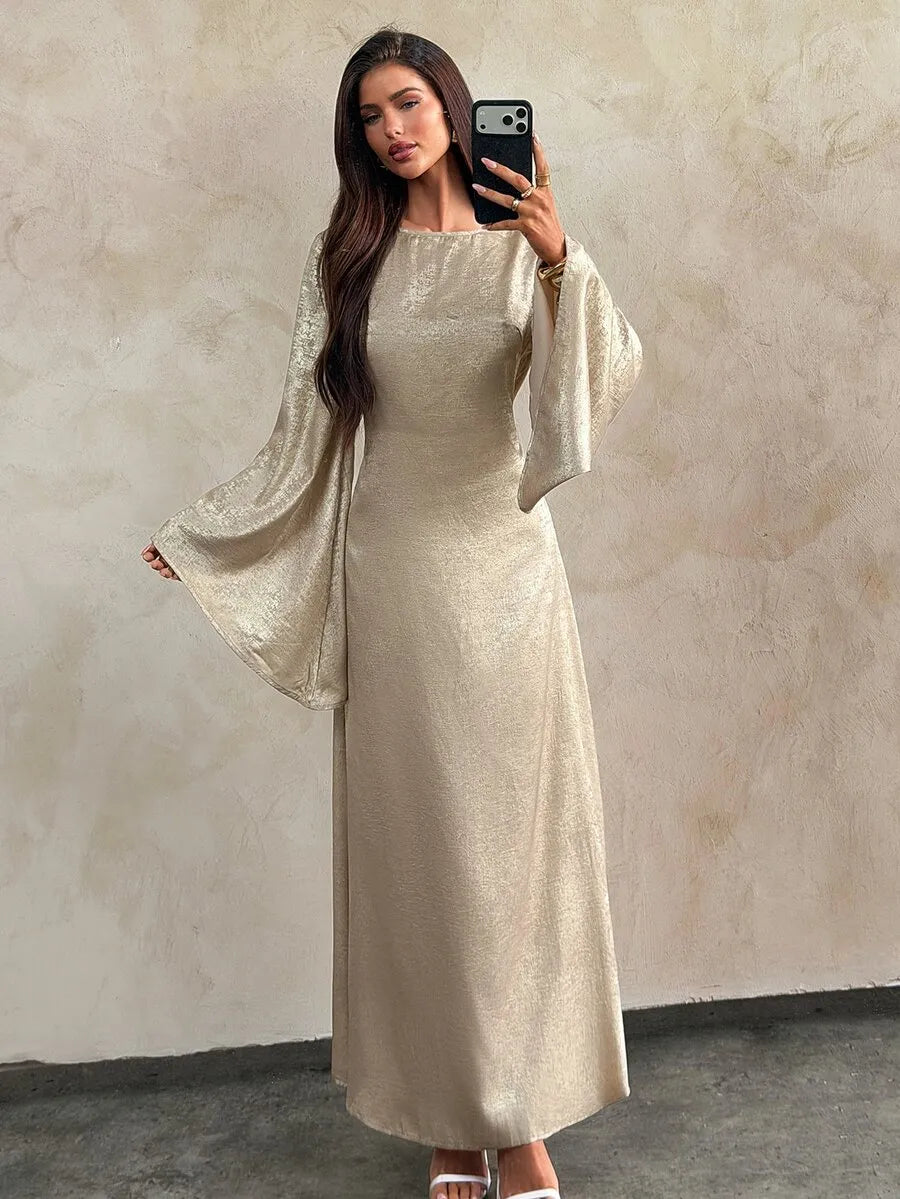 SHEIN Aloruh فستان طويل بياقة مربعة وأكمام بفتحات ورباط خلفي بلون ذهبي