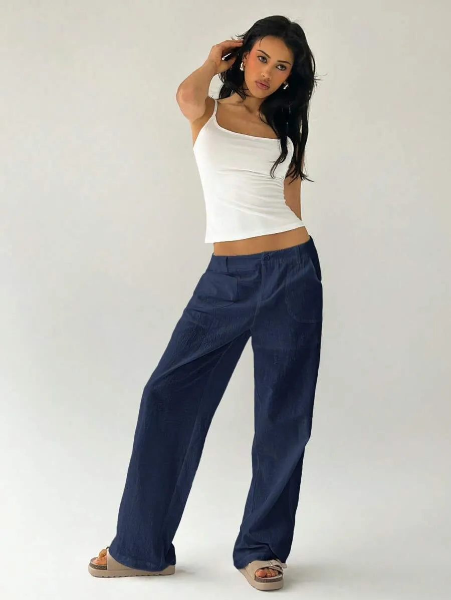 SHEIN Easelle بنطلون نسائي بخصر منخفض وساق مستقيمة وجيوب بلون أزرق داكن