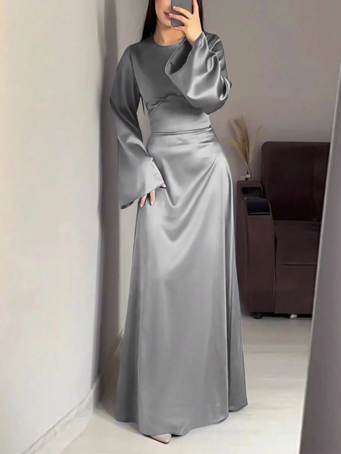 SHEIN فستان أنيق عربي شرقي طويل بأكمام واسعة وياقة دائرية