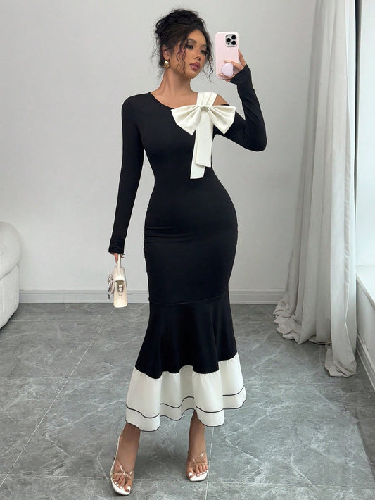 SHEIN Elenzga فستان نسائي بأكمام طويلة مع فيونكة ملونة