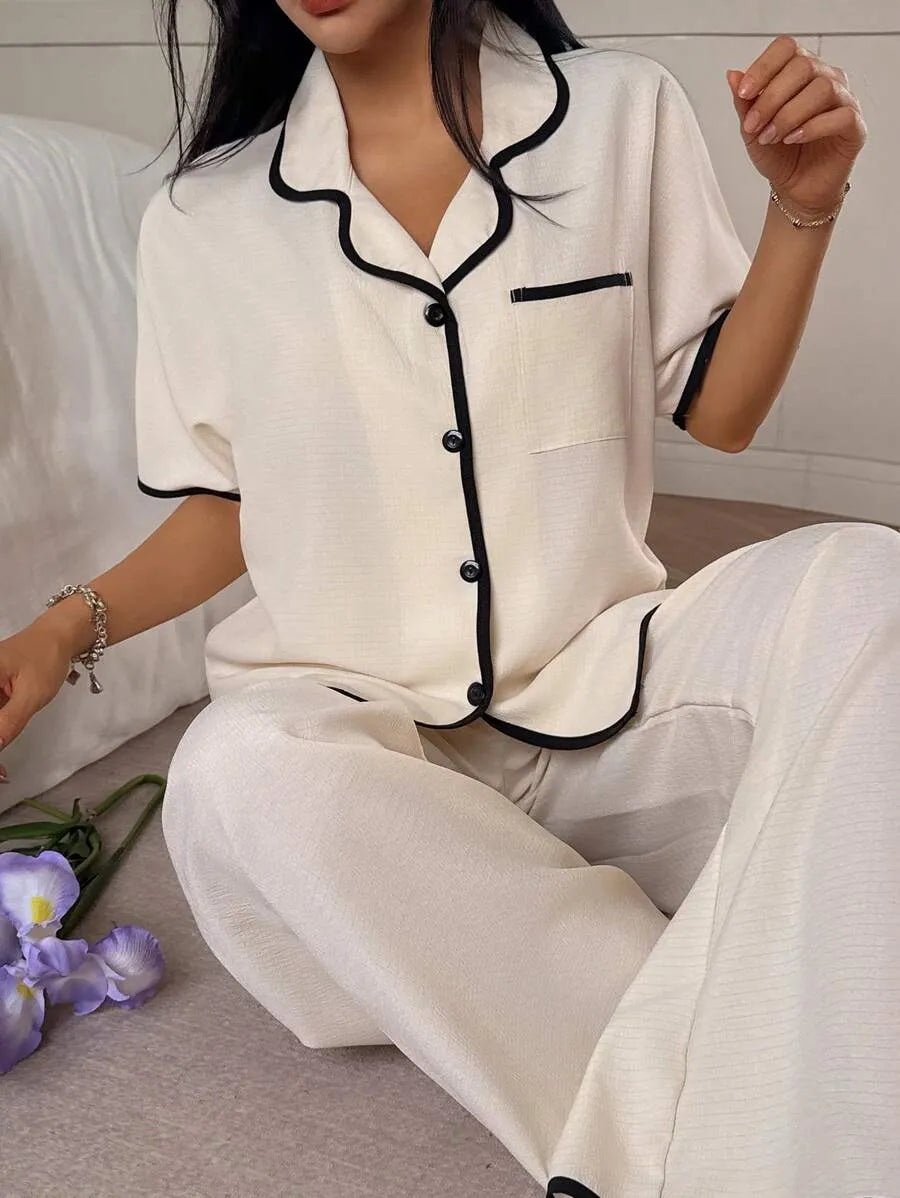 SHEIN Dream Adore بيجامة 2 قطعة بلون بيج فضفاضة بأكمام قصيرة وبنطلون طويل