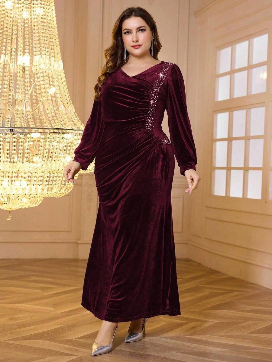 SHEIN Modelyn فستان سهرة أنيق طويل حريري بلون عنابي