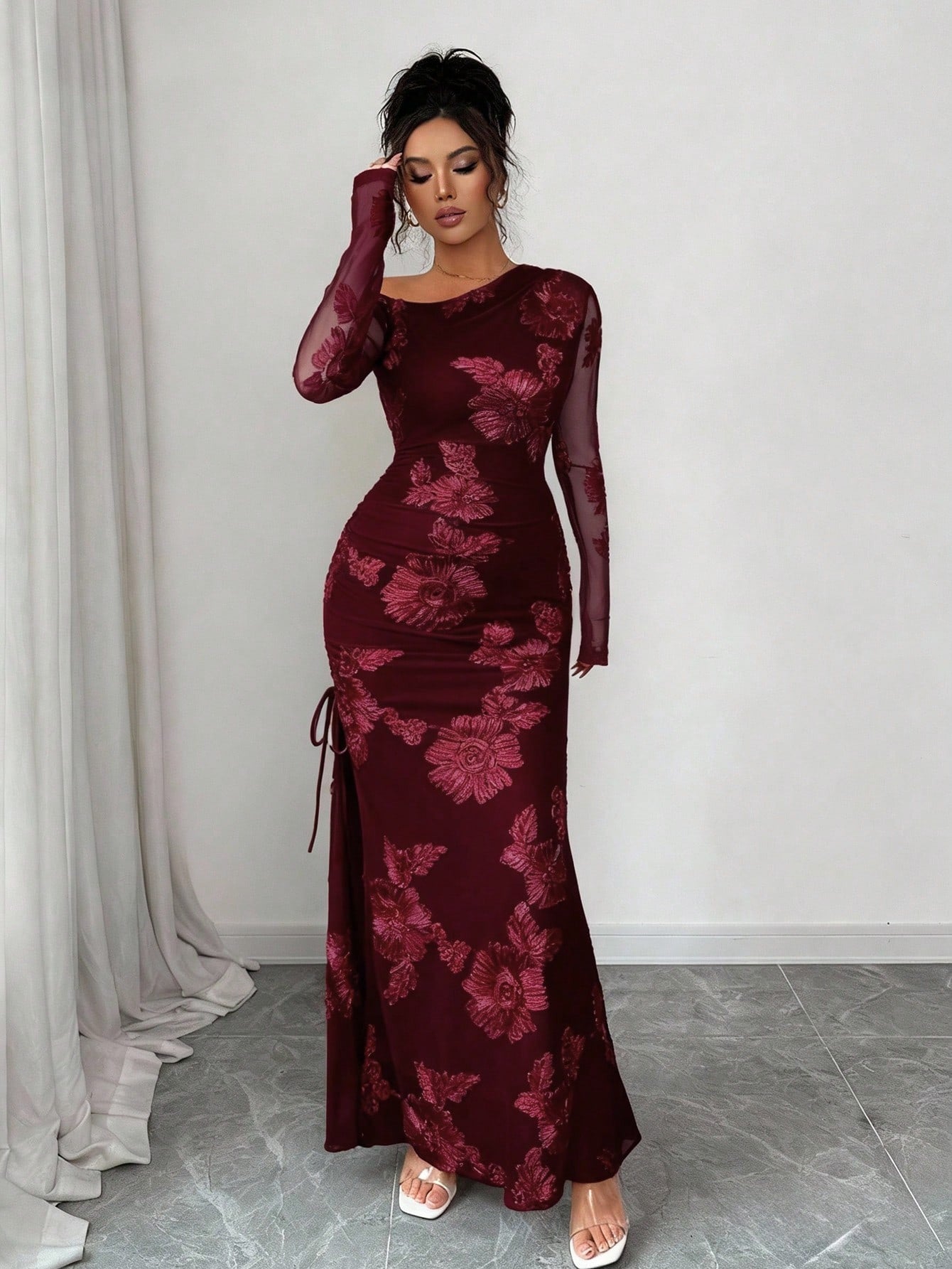 SHEIN Rafferiza فستان نسائي بشق غير متماثل من قماش الجاكار