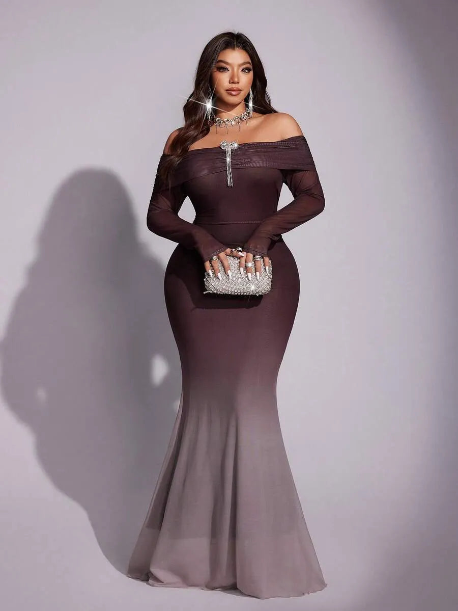 SHEIN Viva Relle فستان نسائي بكتف مكشوف وقصة حورية البحر بلون بني