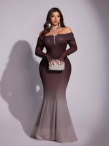 SHEIN Viva Relle فستان نسائي بكتف مكشوف وقصة حورية البحر بلون بني
