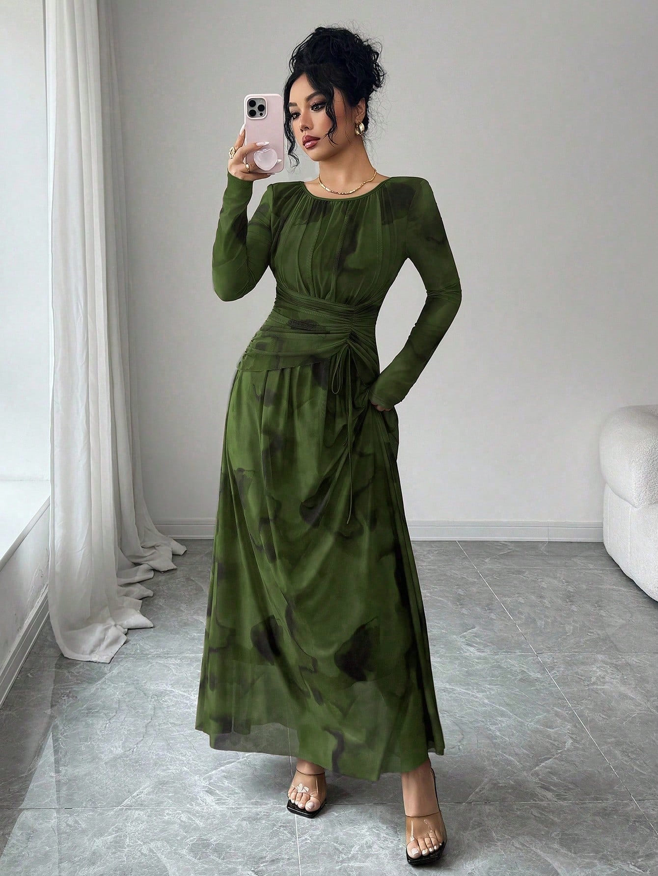 SHEIN Rafferiza فستان نسائي طويل الأكمام بطباعة صبغة