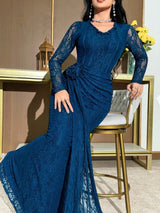 SHEIN Modelyn فستان أزرق طويل بأكمام طويلة وزخرفة زهرية