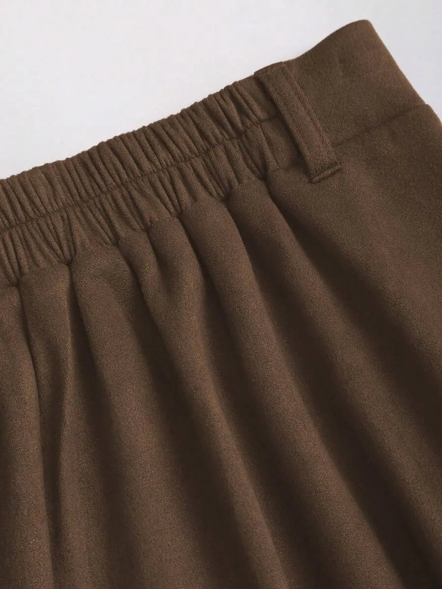 SHEIN Sweetra تنورة طويلة من الجلد السويدي بخصر طبيعي وأزرار أمامية بلون كاكي