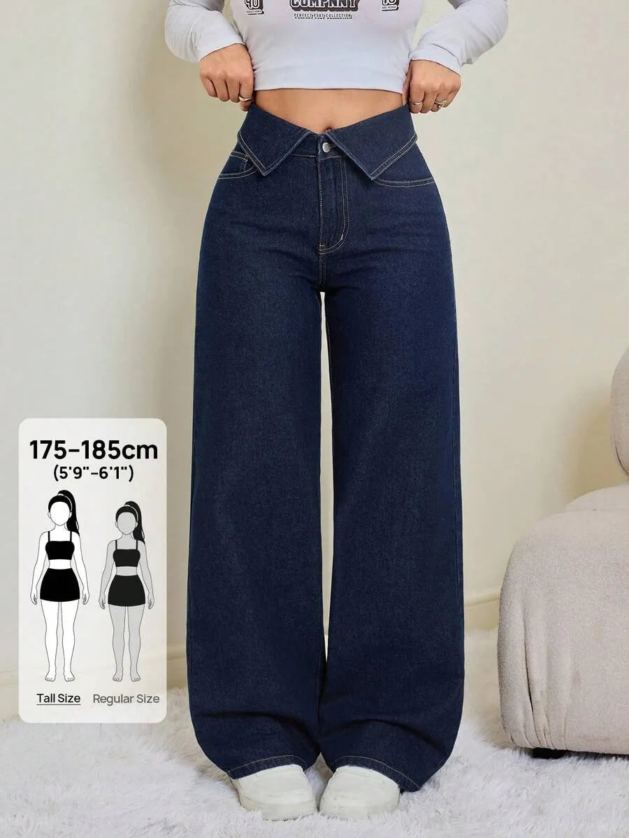 SHEIN Tall بنطلون جينز واسع الساق بخصر عالٍ بلون أزرق داكن