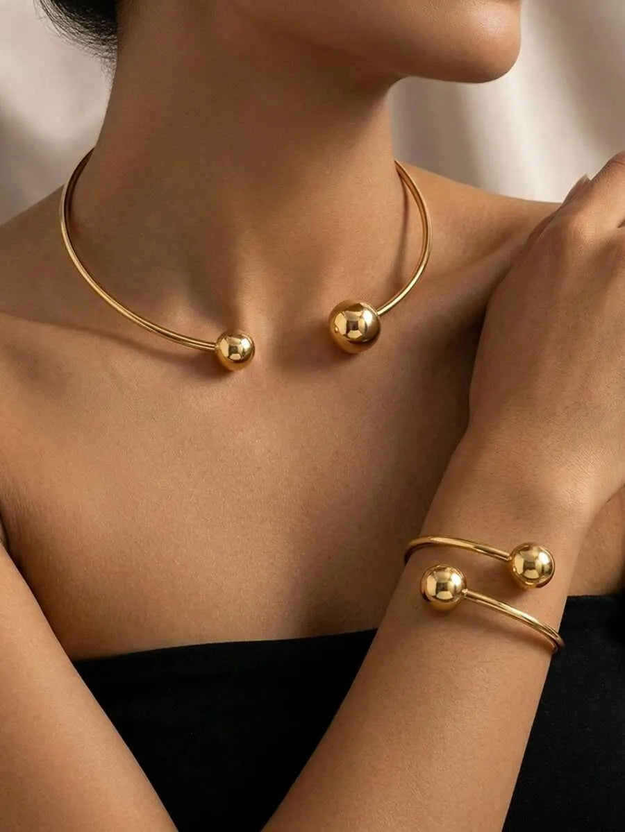 SHEIN طقم نسائي قلادة وسوار بتصميم كرات مزدوجة بلون ذهبي أصفر